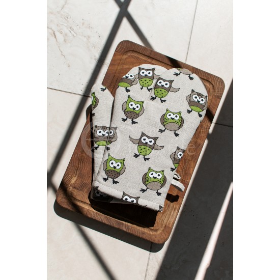 Colourful half-linen oven mitt "Owls green"